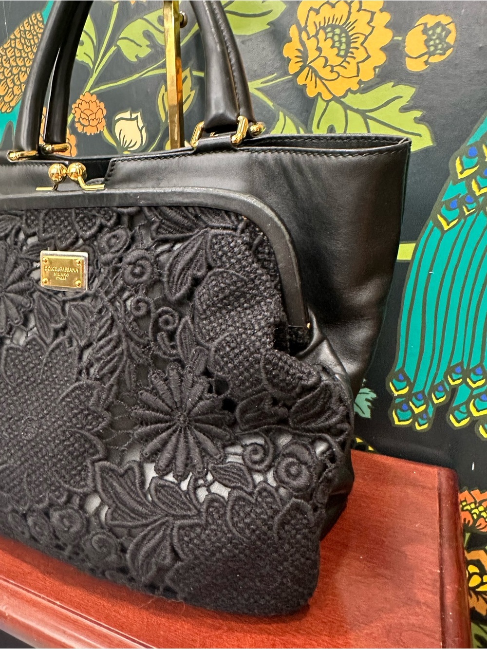 Dolce & Gabbana Black Floral Lace Leather Satchel Leopard Lined | Italy with COA - Picture 9 of 15